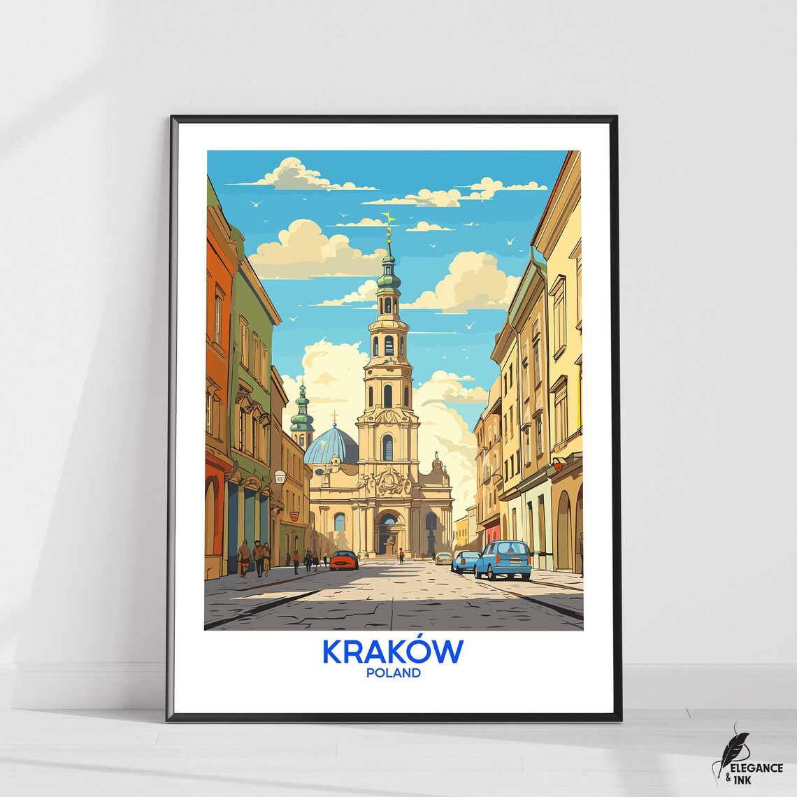 Kraków Poland Old Town Cobblestone Street Vintage Travel Poster