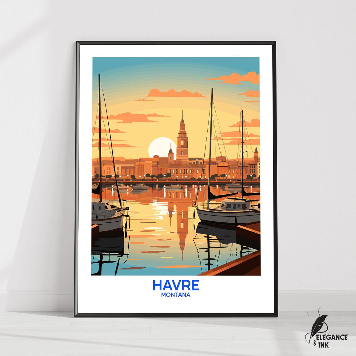 Havre Montana Harbor Sunset Sailboat Blue Caption Travel Poster