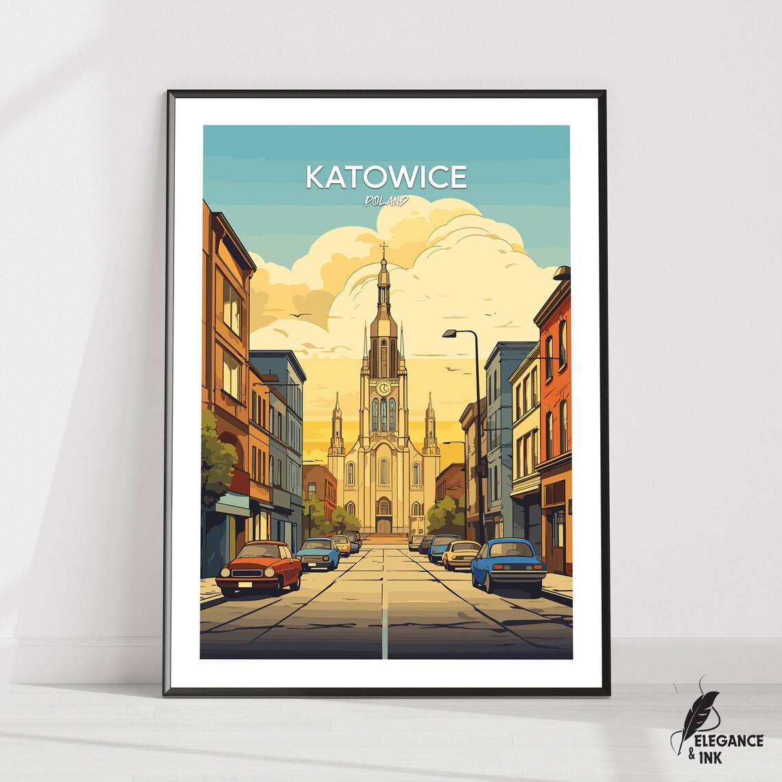 Katowice Poland Cathedral Street Classic Cars Vintage Travel Poster