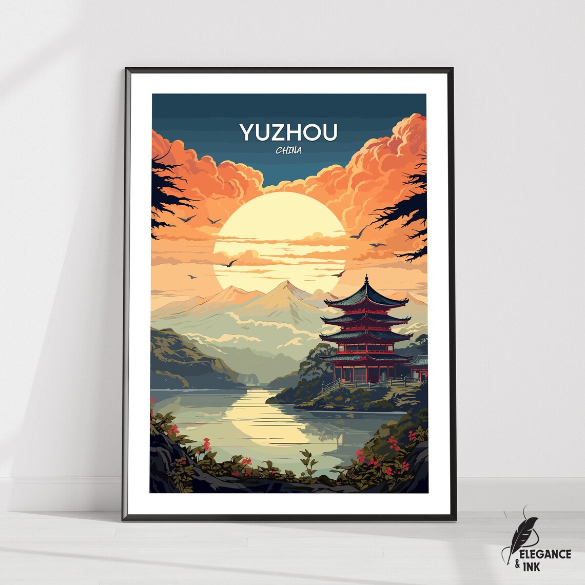 Yuzhou China Sunset Pagoda Lake Scene Vintage Style Travel Poster