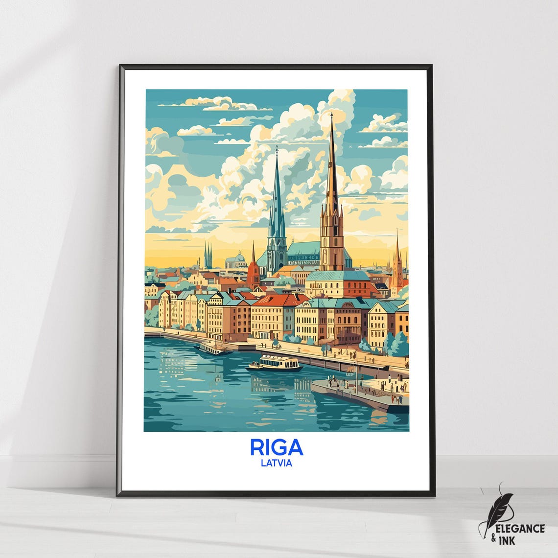 Riga Latvia Waterfront Church Spires Vintage Travel Poster Artwork