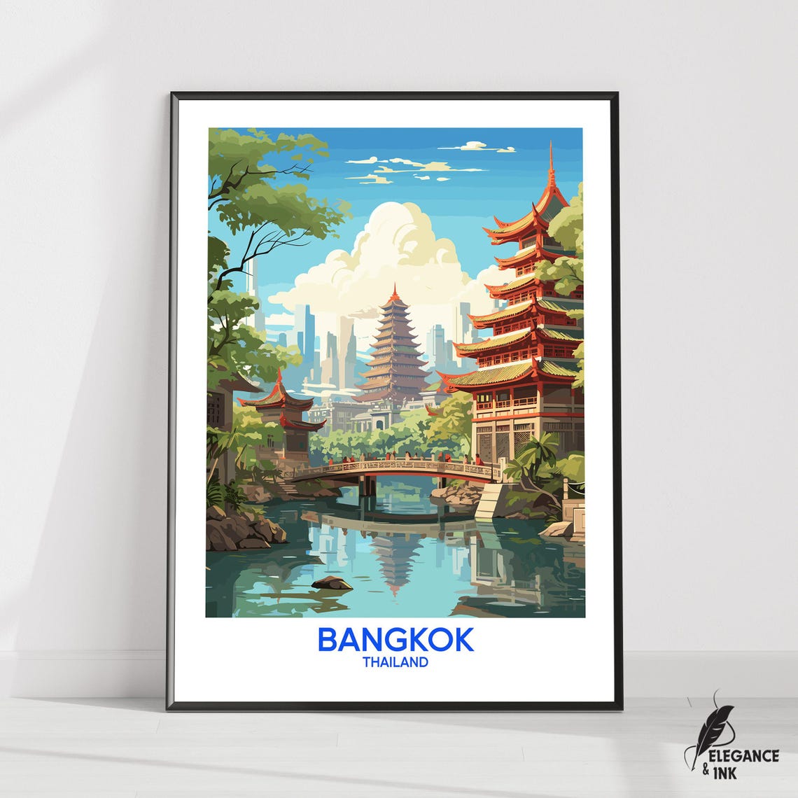 Bangkok Thailand Red Pagoda Canal Skyline Illustrated Travel Poster