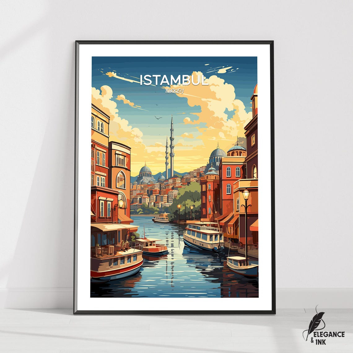 Istanbul Waterfront Mosques Moored Boats Vintage Travel Art Poster