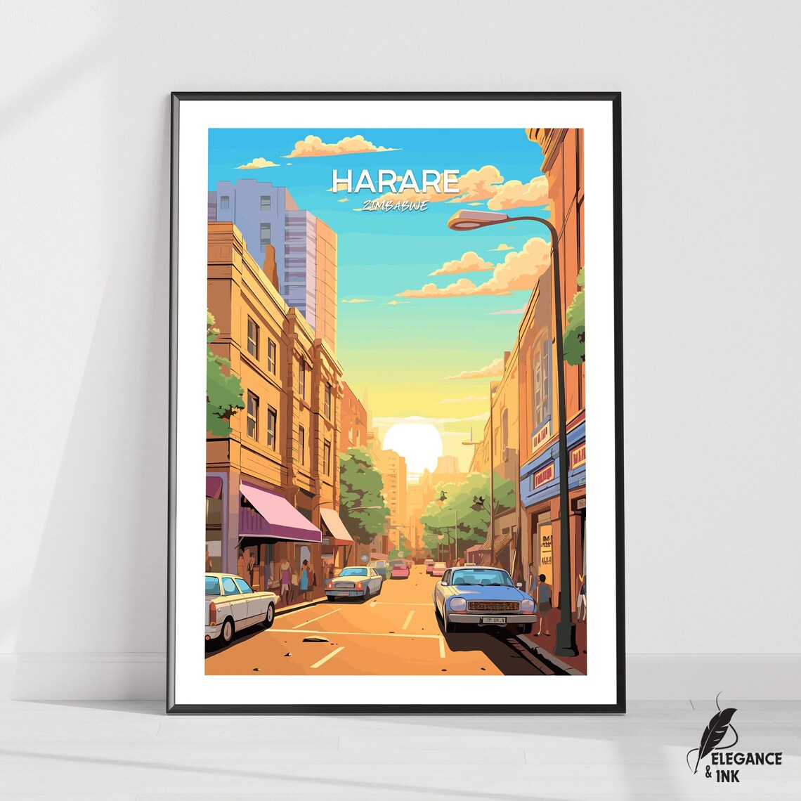 Harare Zimbabwe Sunset City Street Golden Light Vintage Travel Poster