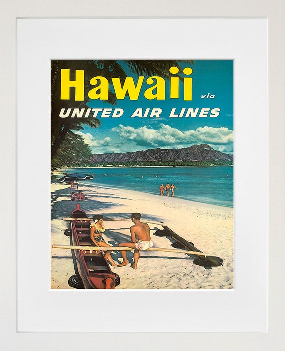 Hawaii Retro Travel Poster, Ocean and Beach Art Print