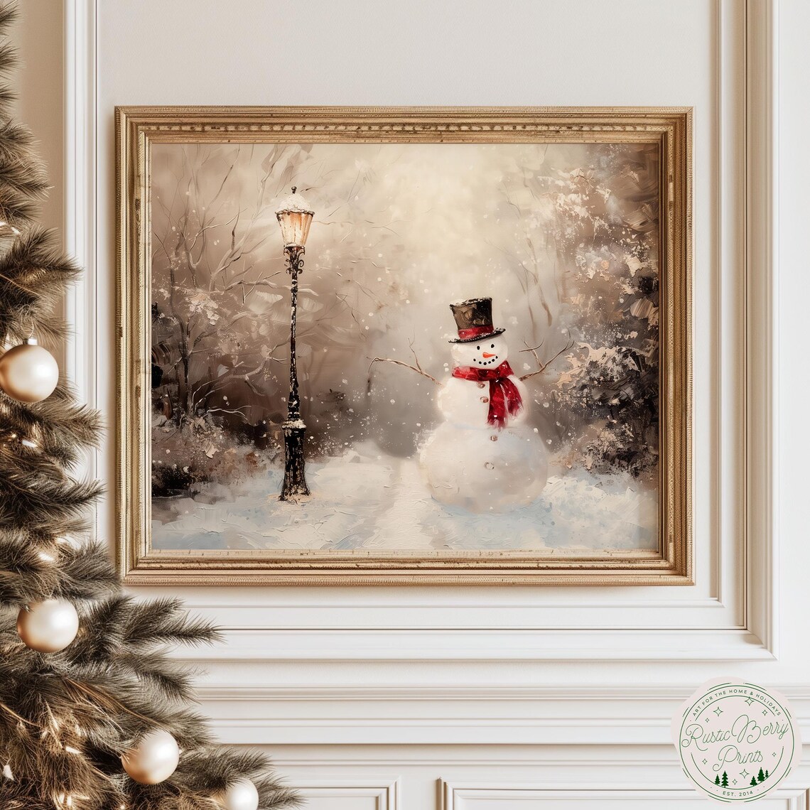 Snowman by Vintage Lamp Post Snowy Woods Painterly Winter Art Poster