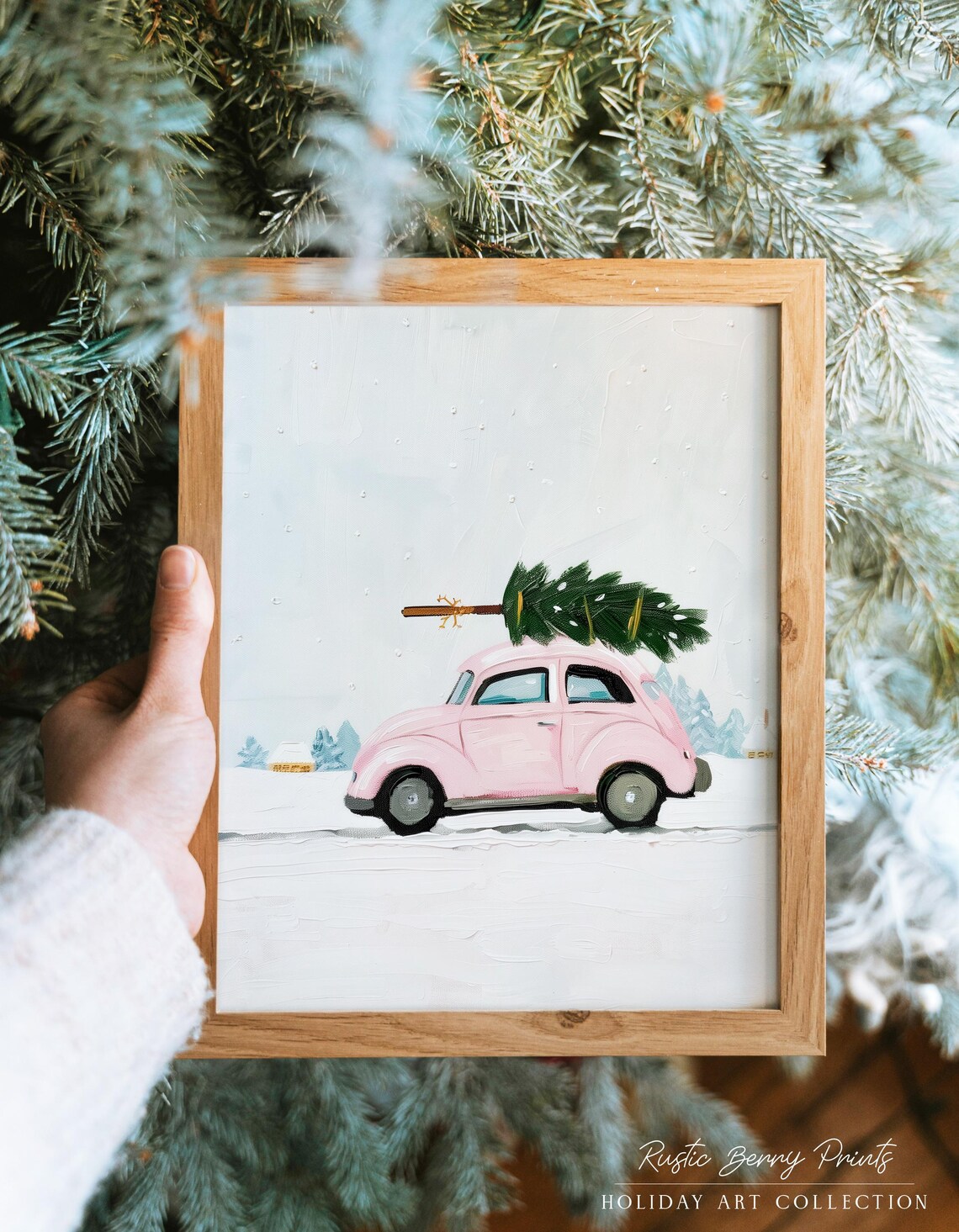 Pink Vintage Car Hauling Christmas Tree Winter Snow Art Print