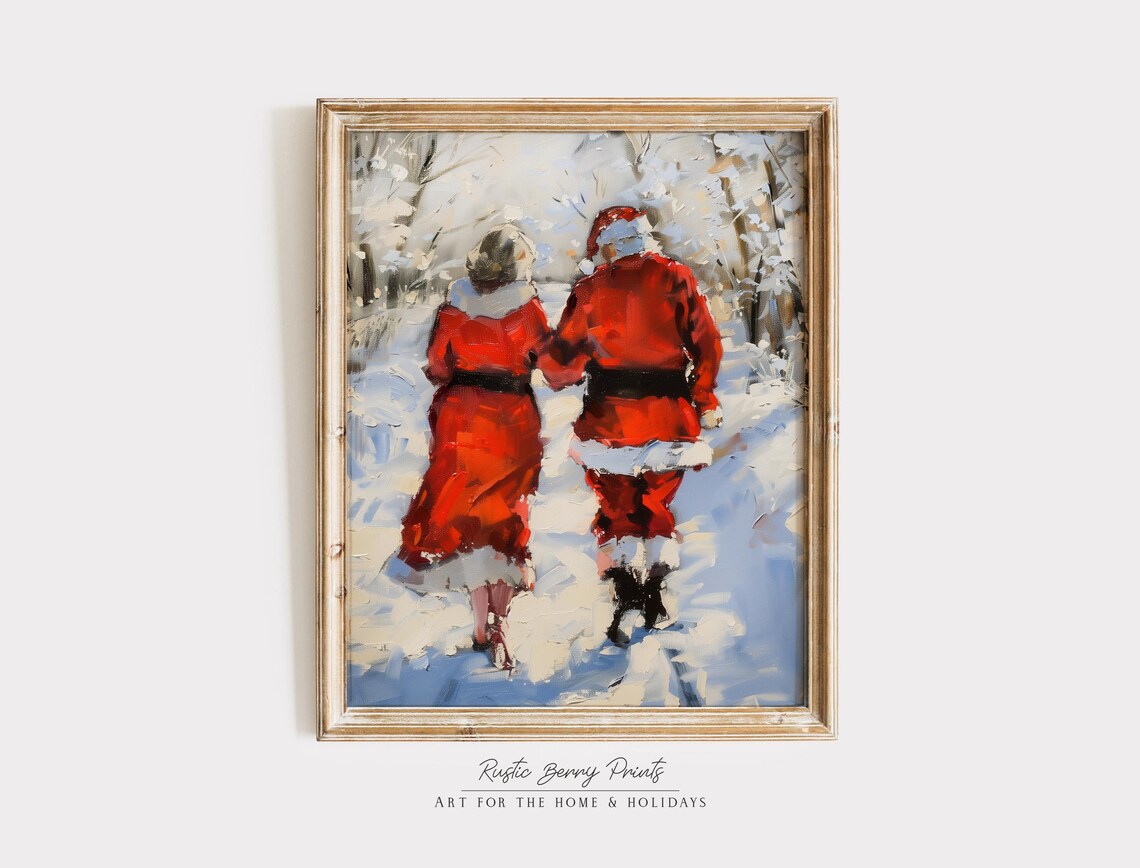 Santa Mrs Claus Hand In Hand Snowy Woodland Path Cozy Christmas Poster