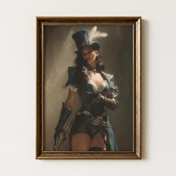 Steampunk Pirate Woman Wall Art Dark Fantasy Portrait Print Gothic Corset Lady Canvas Victorian Cosplay Artwork Halloween Decor