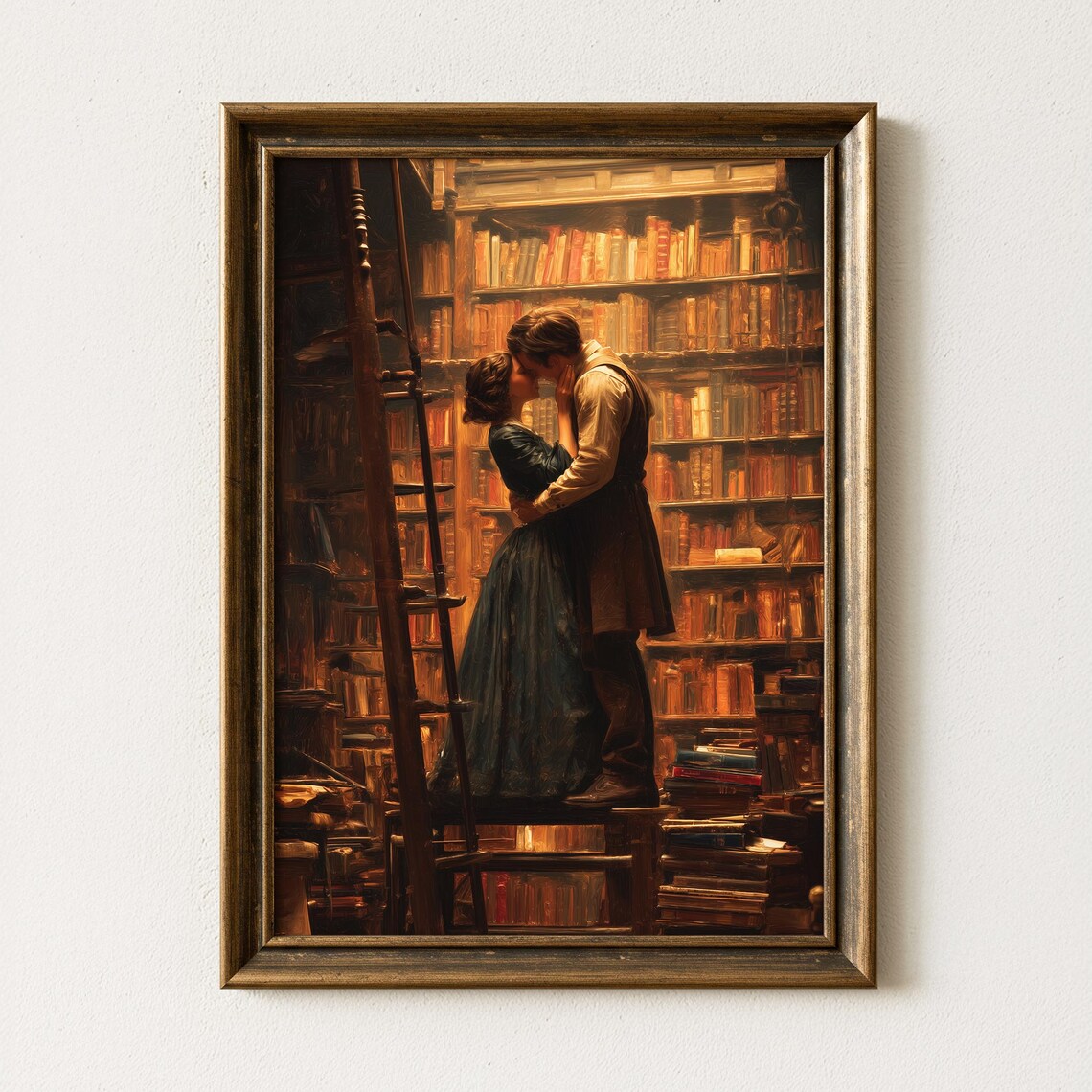 Romantic Couple Kissing in Library Dark Academia Book Lovers Poster