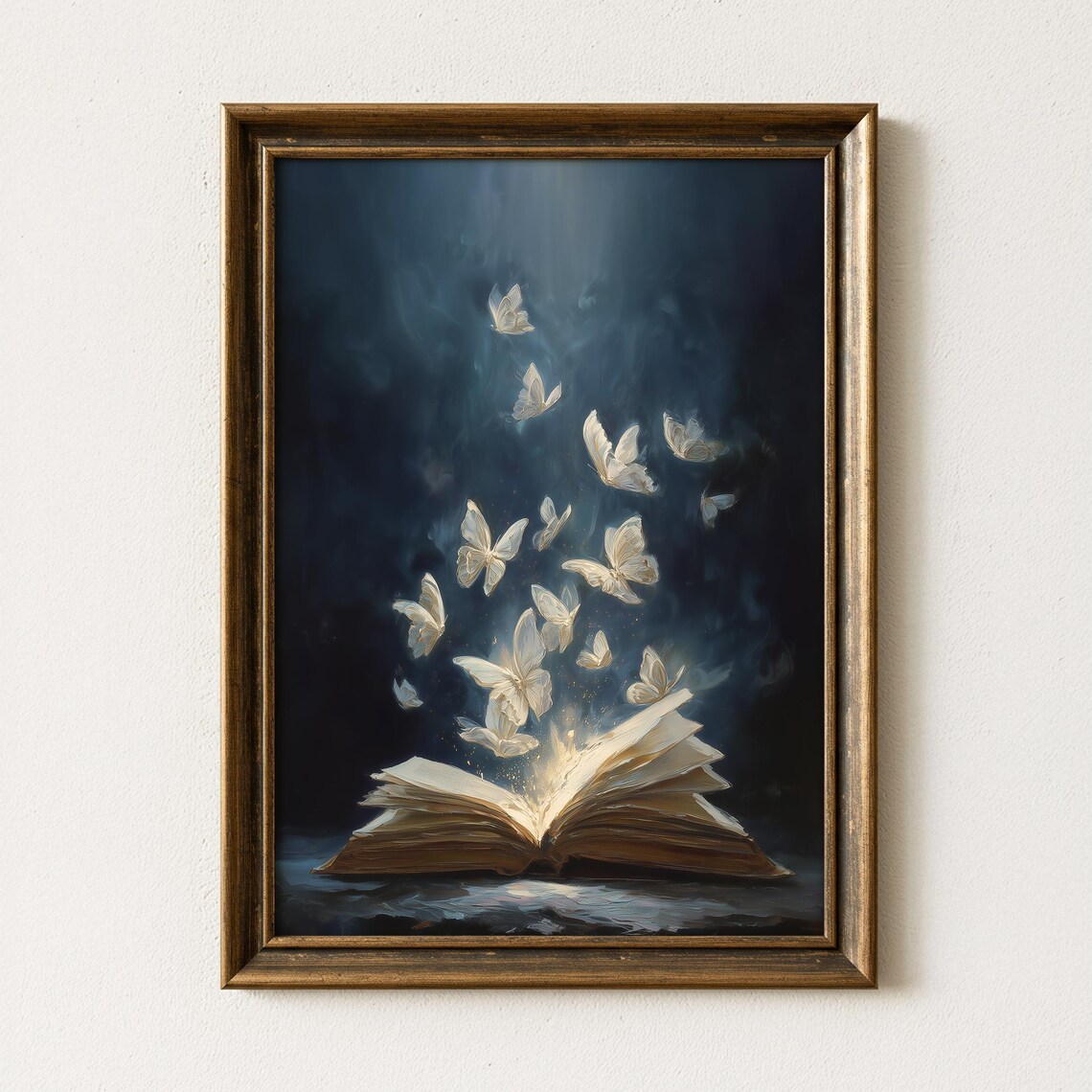 Open Book with Glowing Butterflies Emerging Dark Magical Library Poster
