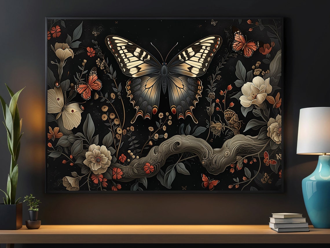Swallowtail Butterflies And Blooms Dark Botanical Cottagecore Poster