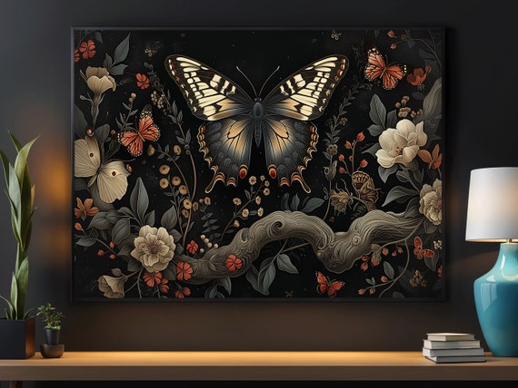 Dark Butterflies And Flowers Painting Retro Botanical Print Cottage Flowers Print Modern Wall Art