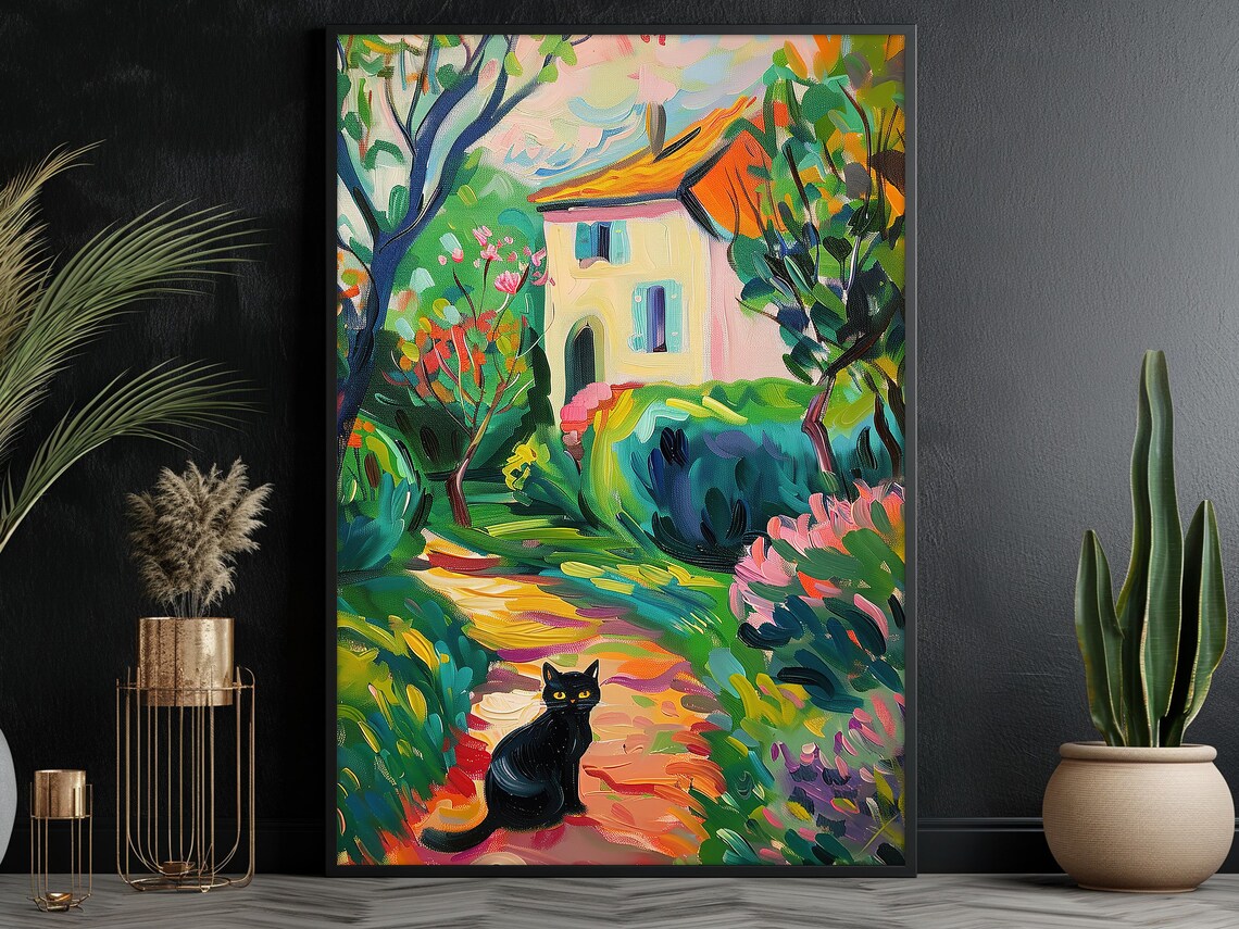 Black Cat Colorful Garden House Matisse Style Fauvist Art Poster