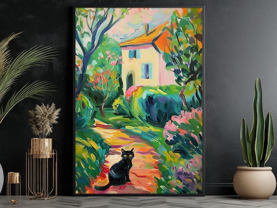Black Cat Colorful Garden House Matisse Style Fauvist Art Poster