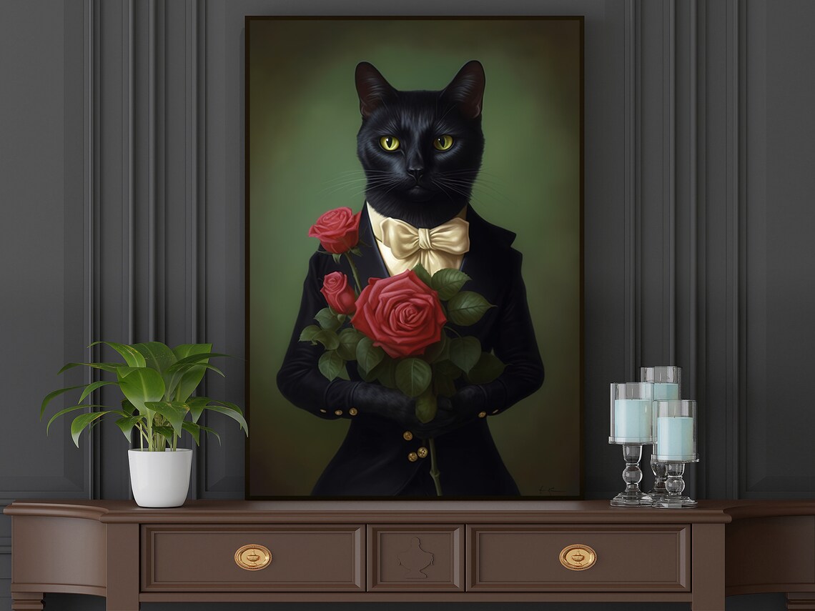 Black Cat Gentleman Tuxedo Portrait With Red Roses Bouquet Poster - Image 4