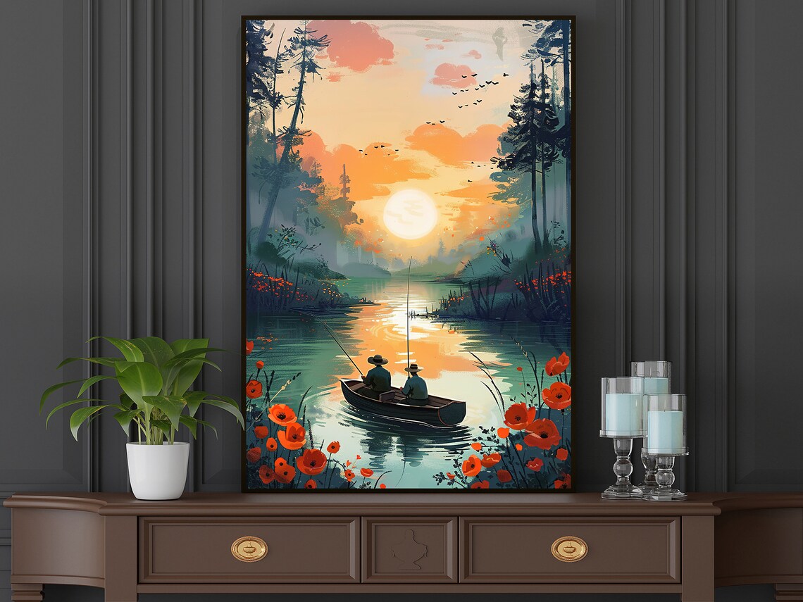 Vintage Men Fishing on the Lake Landscape Art Print - Image 5