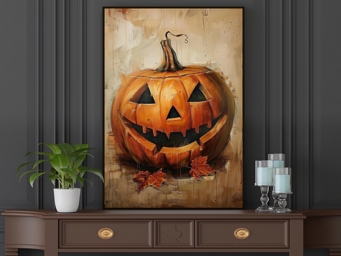 Vintage Grinning Jack O Lantern Pumpkin Painting Autumn Leaves Poster - Image 6