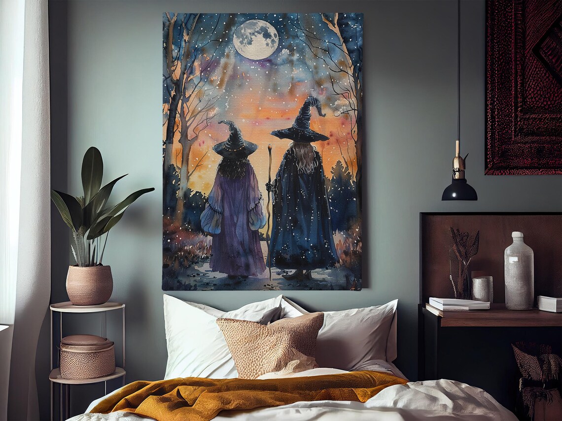 Mother And Child Witches Under Moonlight Watercolor Halloween Poster - Image 3