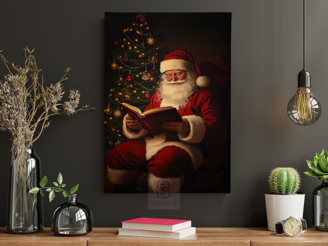 Santa Claus Reading Book In Armchair By Glowing Christmas Tree Night Poster - Image 4
