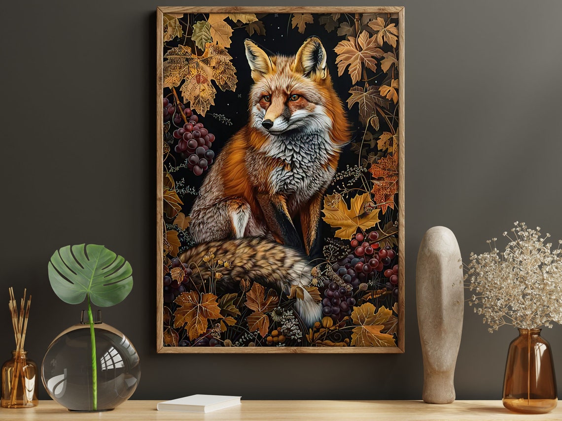 Red Fox Among Grapevines And Autumn Leaves Moody Wildlife Art Poster