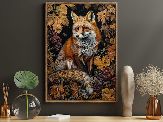 Red Fox Among Grapevines And Autumn Leaves Moody Wildlife Art Poster