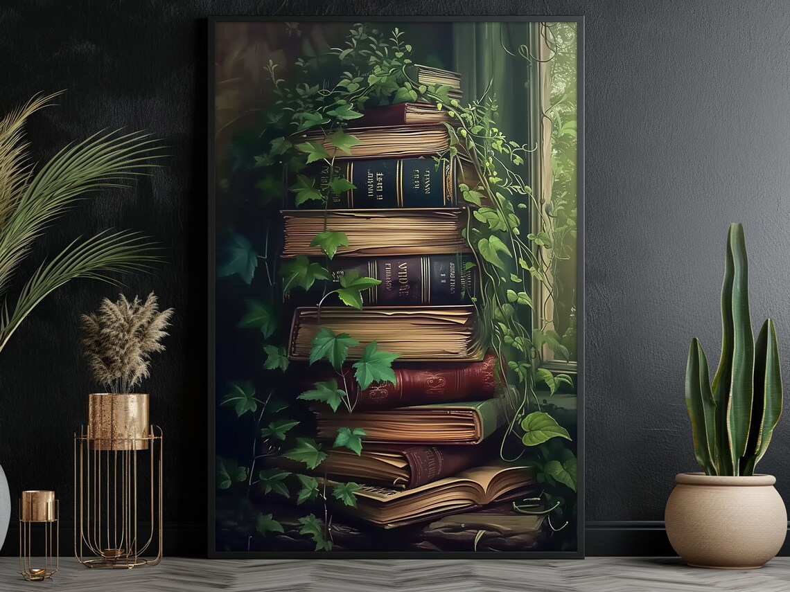 Stack Of Old Leather Books With Ivy Dark Academia Window Light Wall Poster - Image 5