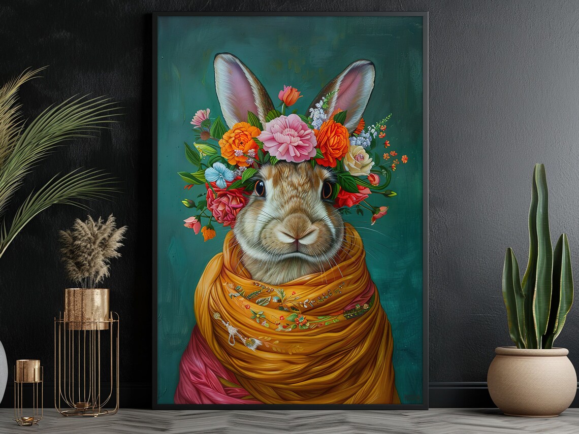 Rabbit With Flower Crown Golden Shawl Whimsical Floral Animal Poster - Image 3