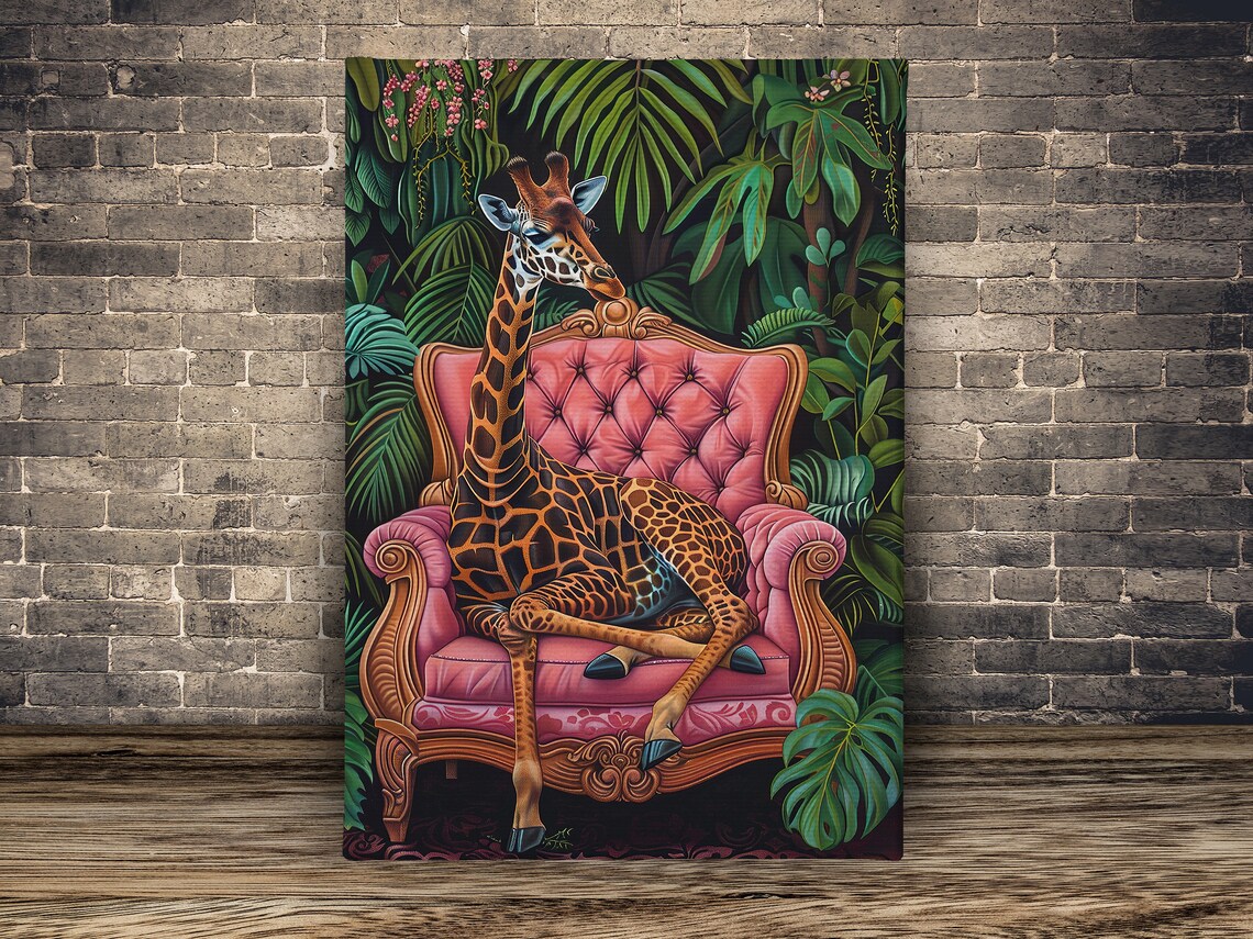 Giraffe Pink Velvet Armchair Tropical Jungle Animal Art Poster - Image 2