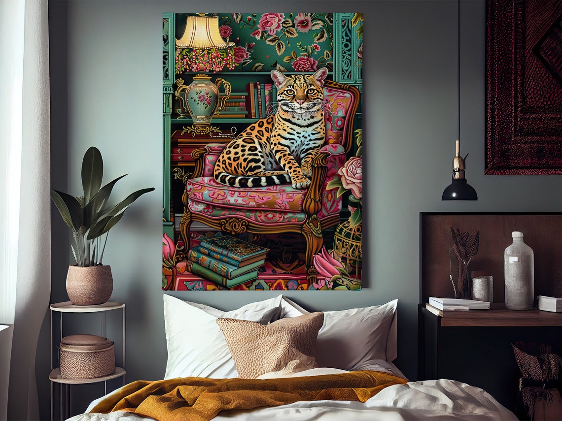 Spotted Wild Cat On Ornate Armchair Maximalist Library Art Print - Image 3