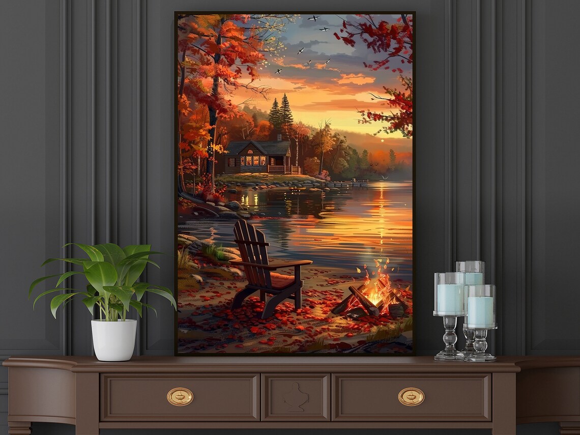 Vintage Sunset Lake Oil Painting Landscape Art Print - Image 5