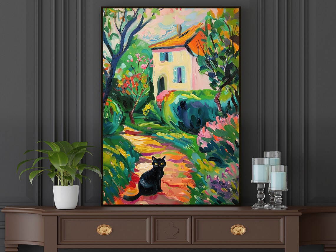 Black Cat Colorful Garden House Matisse Style Fauvist Art Poster - Image 3