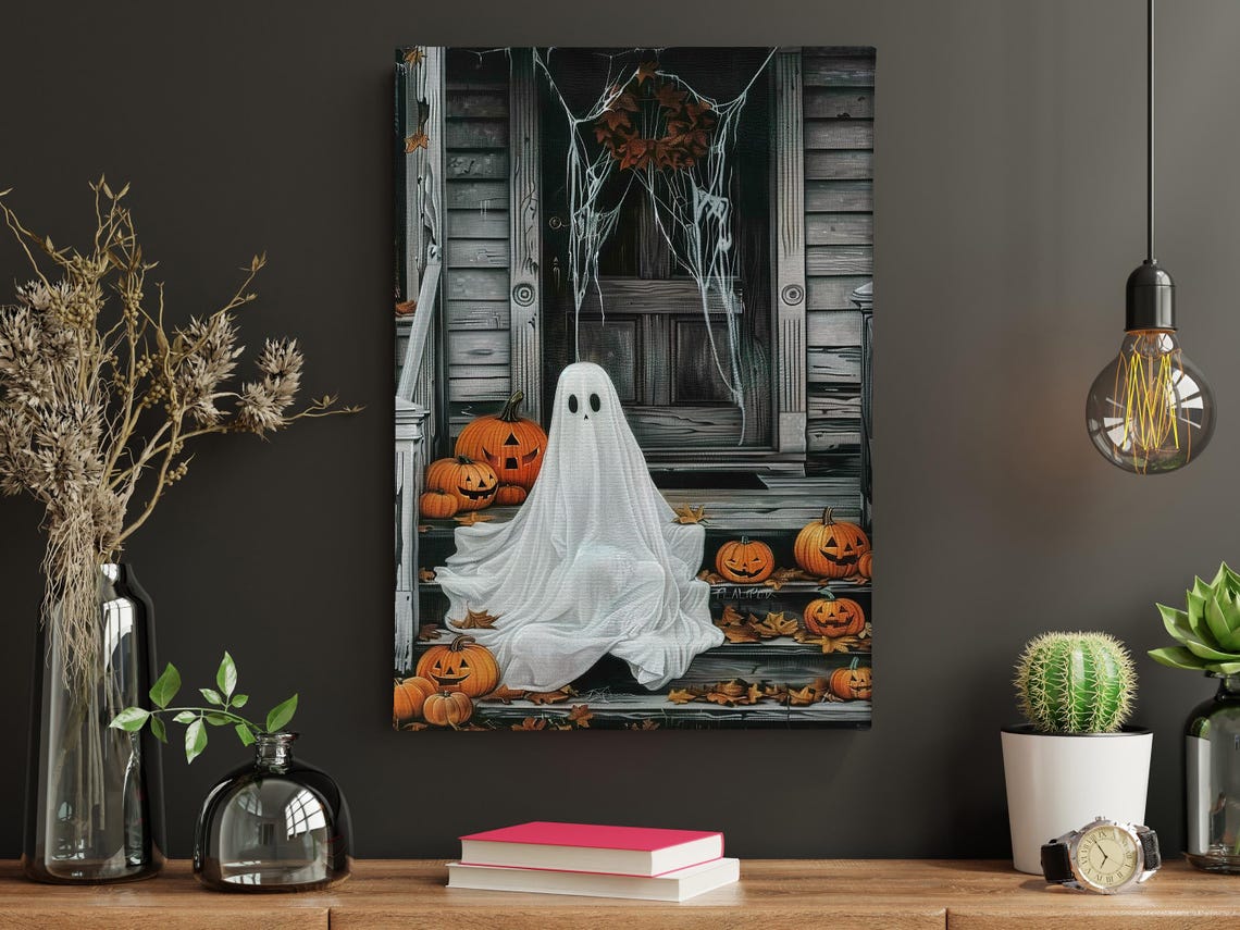 Ghost On Porch With Jack O Lanterns Cute Spooky Halloween Art Print - Image 5