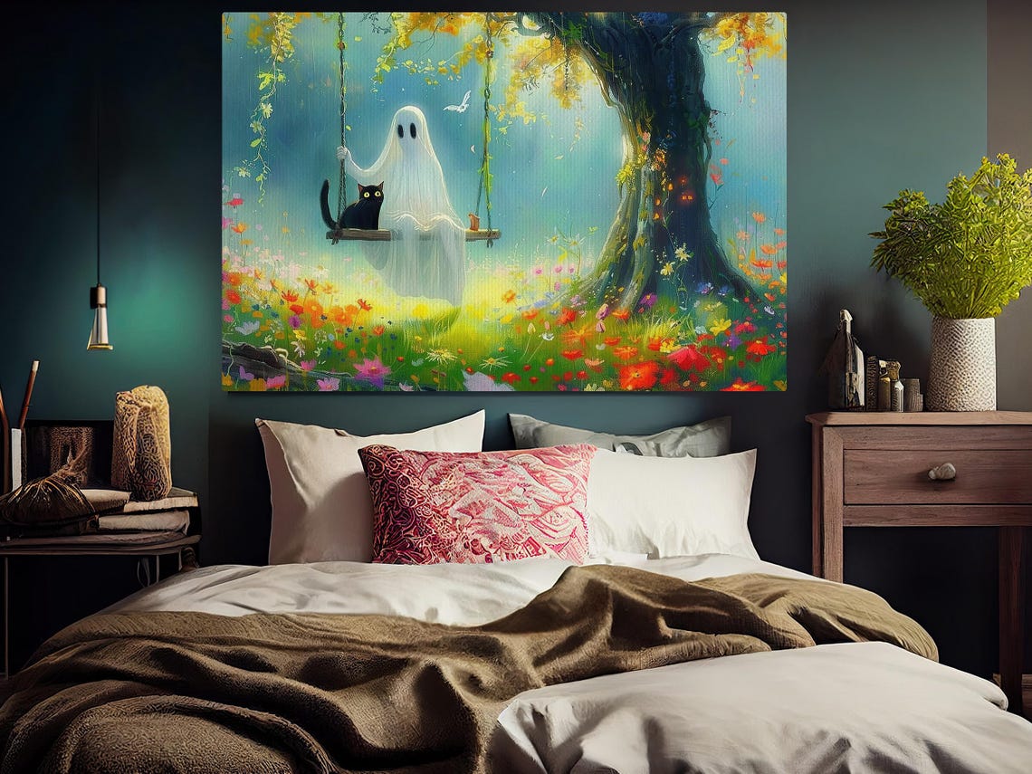 Sweet Ghost on Tree Swing with Black Cat in Sunny Flower Meadow Poster - Image 3