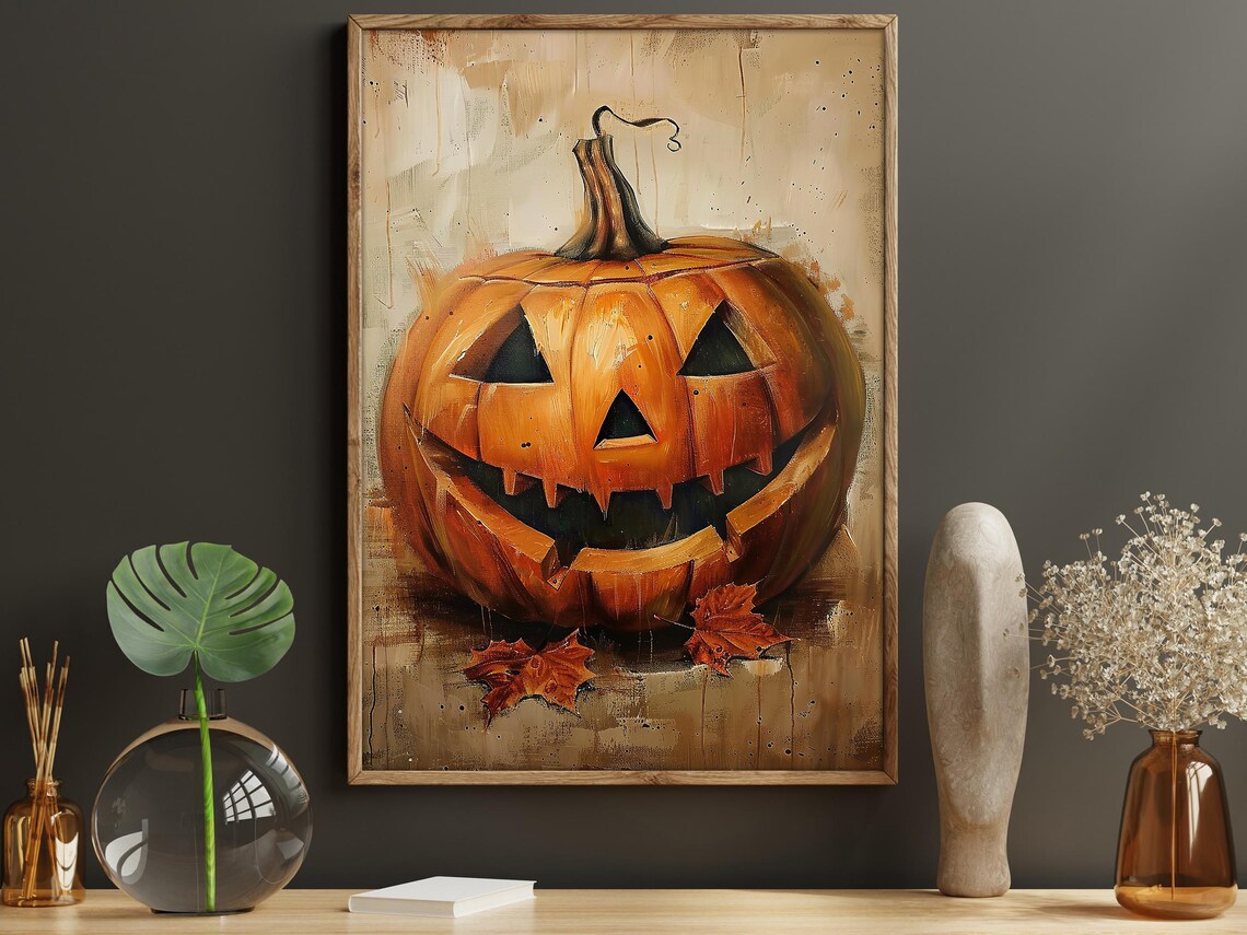 Vintage Grinning Jack O Lantern Pumpkin Painting Autumn Leaves Poster - Image 5