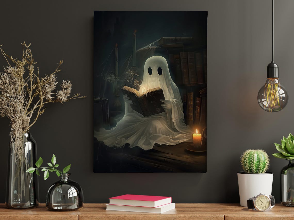Ghost Reading Glowing Book By Candlelight Cute Halloween Art Print - Image 5