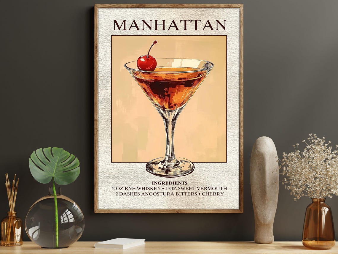 Manhattan Wine Poster Print, Bar Decor