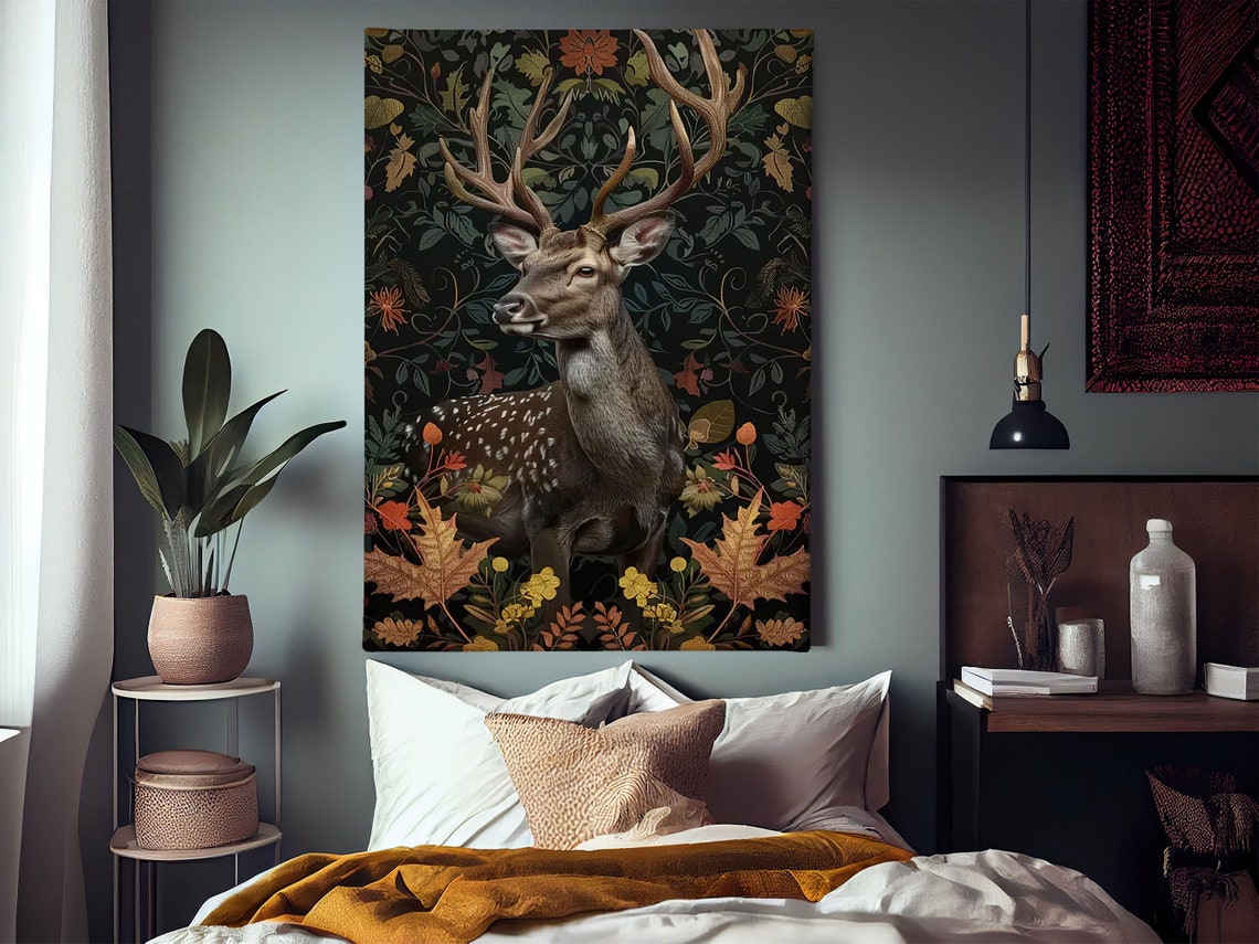 Spotted Stag With Majestic Antlers In Dark Botanical Forest Art Poster - Image 3