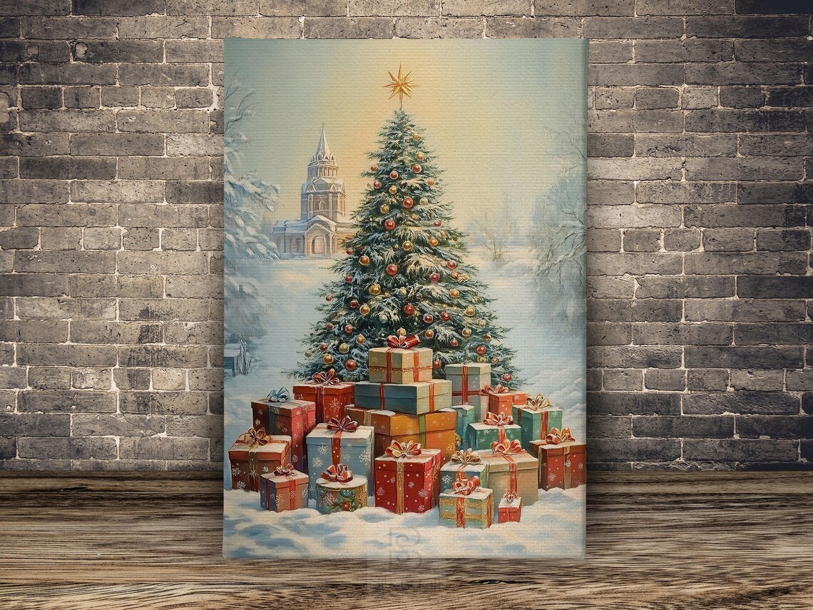 Village Christmas Tree With Church Gifts And Snowy Golden Star Poster - Image 2