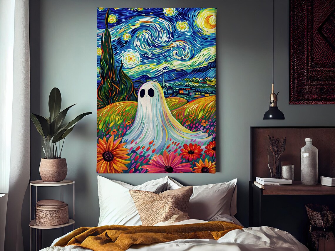 Starry Night Style Ghost in Colorful Flower Field Dreamy Art Poster - Image 4