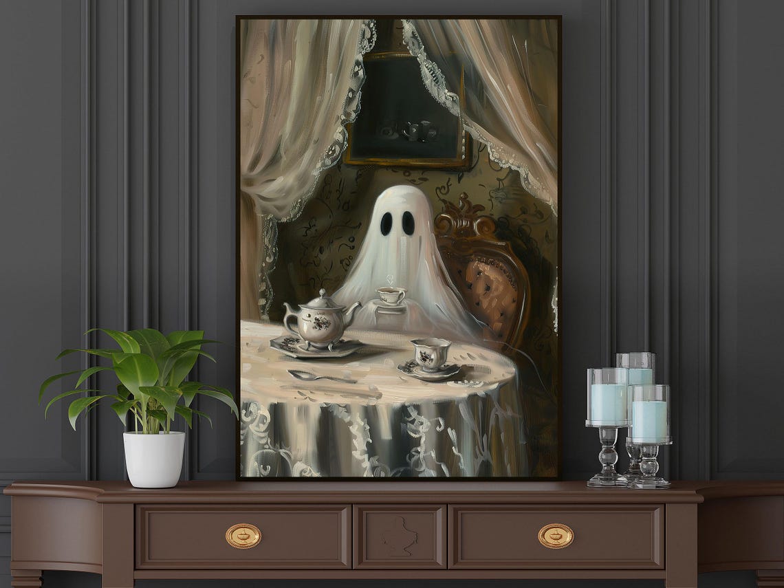 Cute Cottage Ghost Enjoying Tea at Victorian Table Halloween Poster - Image 5