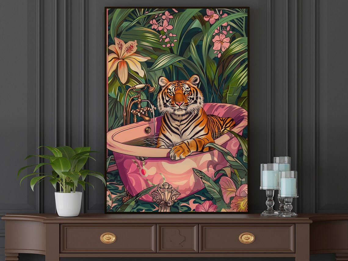 Tropical Tiger In Pink Bathtub Jungle Floral Art Maximalist Poster - Image 5