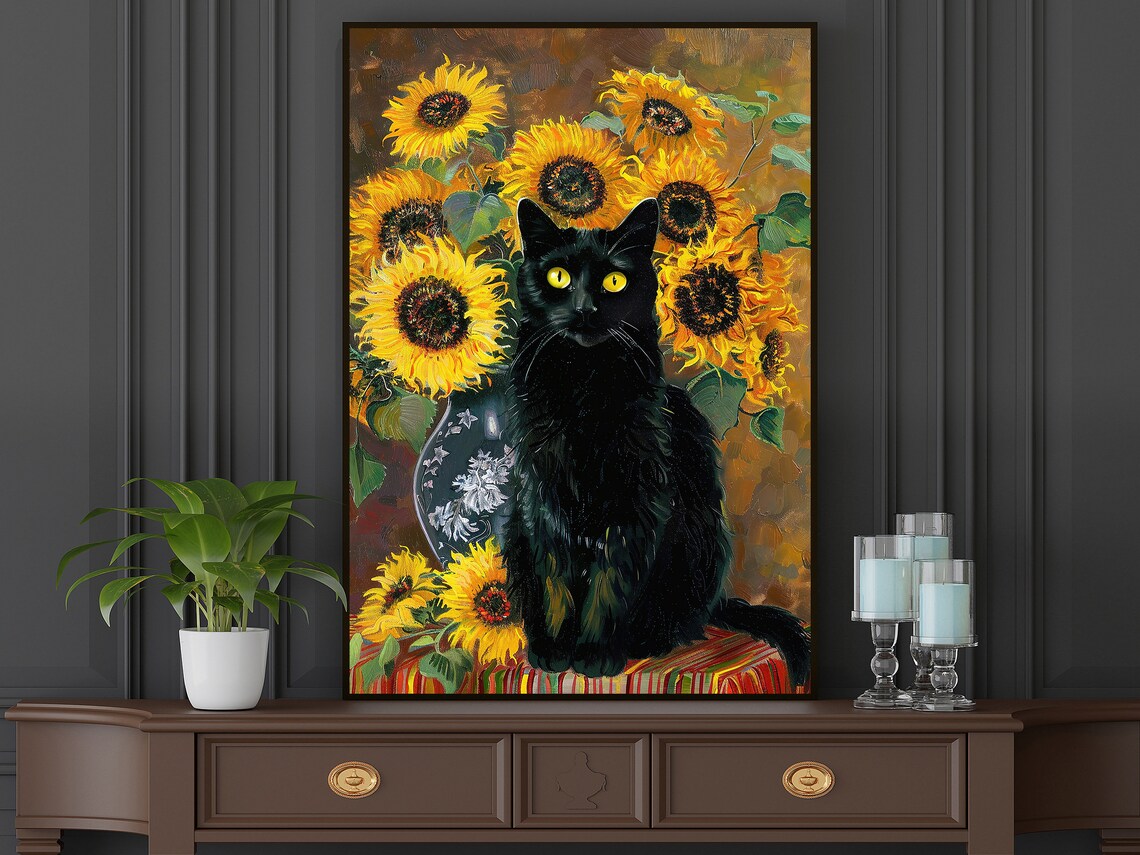 Black Cat Among Golden Sunflowers Vintage Style Animal Poster - Image 5