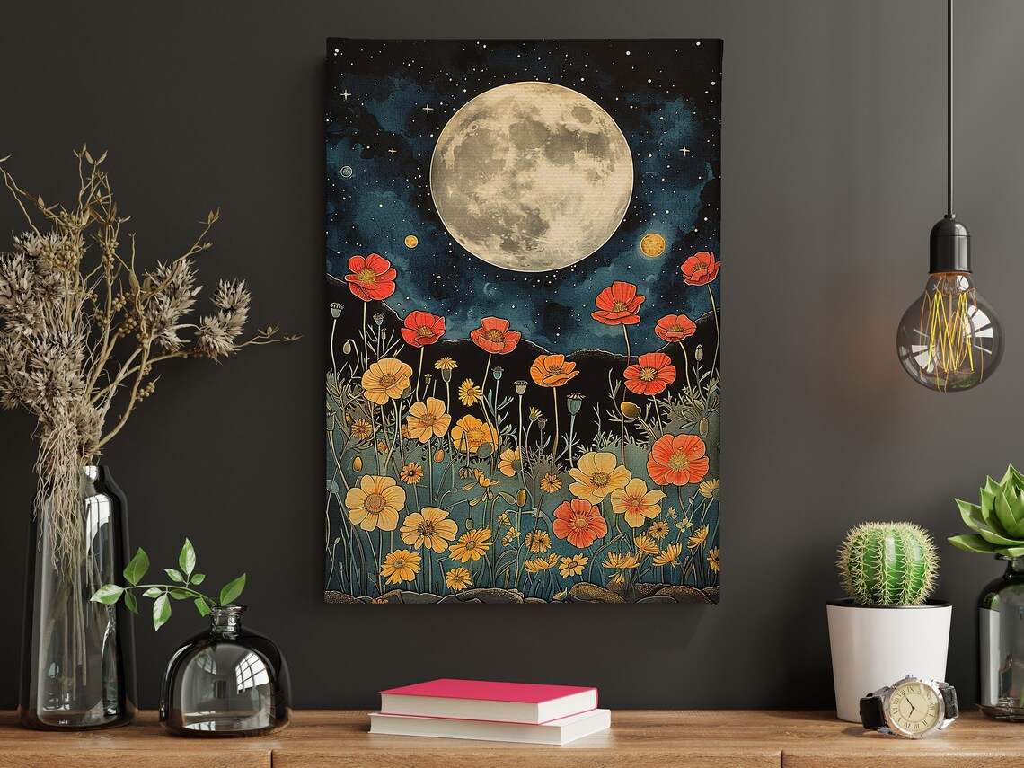 Red Poppies Under Full Moon Starry Night Vintage Floral Garden Poster - Image 4