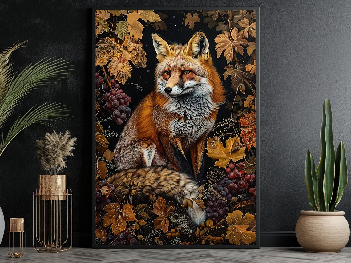 Red Fox Among Grapevines And Autumn Leaves Moody Wildlife Art Poster - Image 3