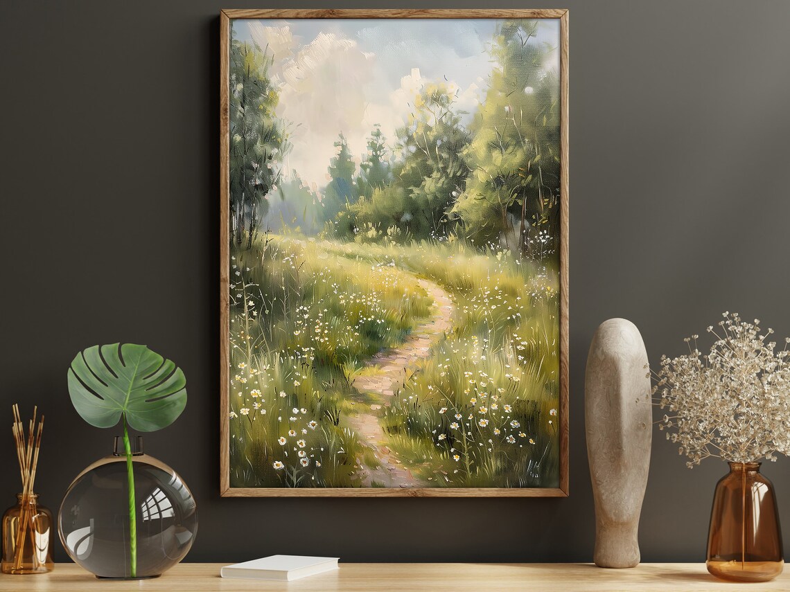 Sunlit Country Path Through Wildflower Meadow Cottage Landscape Poster