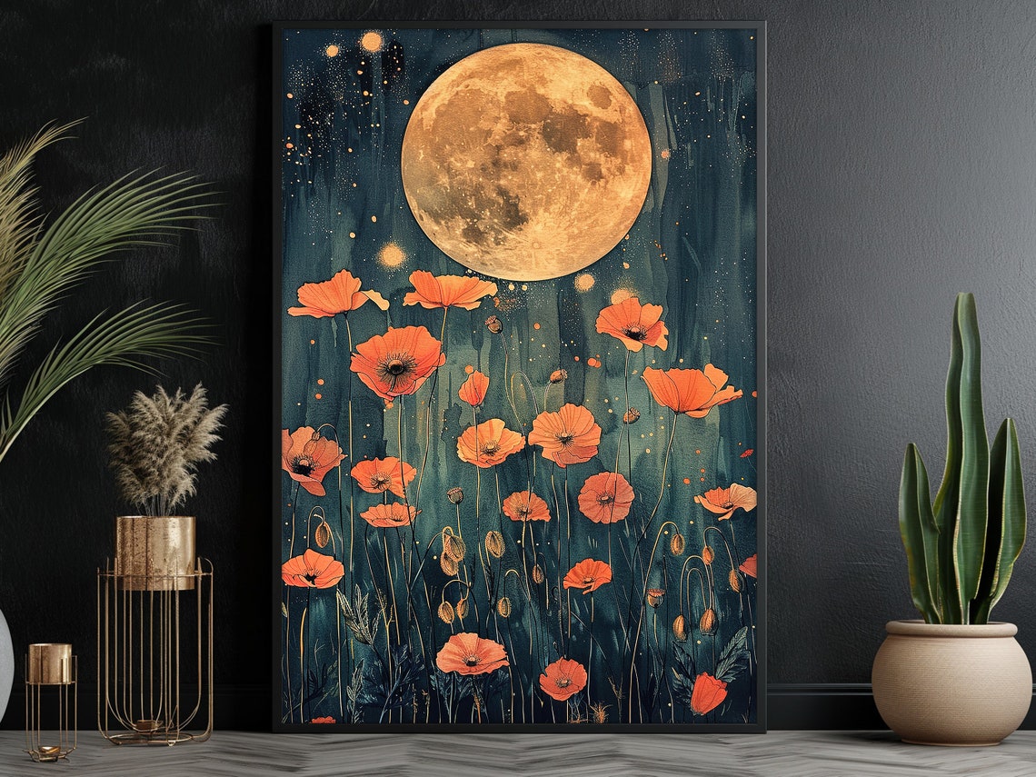 Harvest Moon Over Orange Poppies Dreamy Night Sky Botanical Poster - Image 3