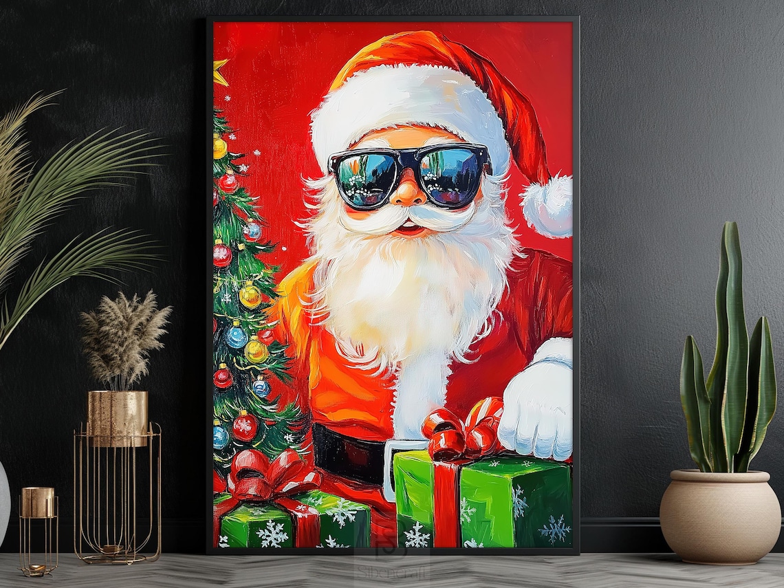 Funny Santa Portrait, Cozy Christmas Poster Print