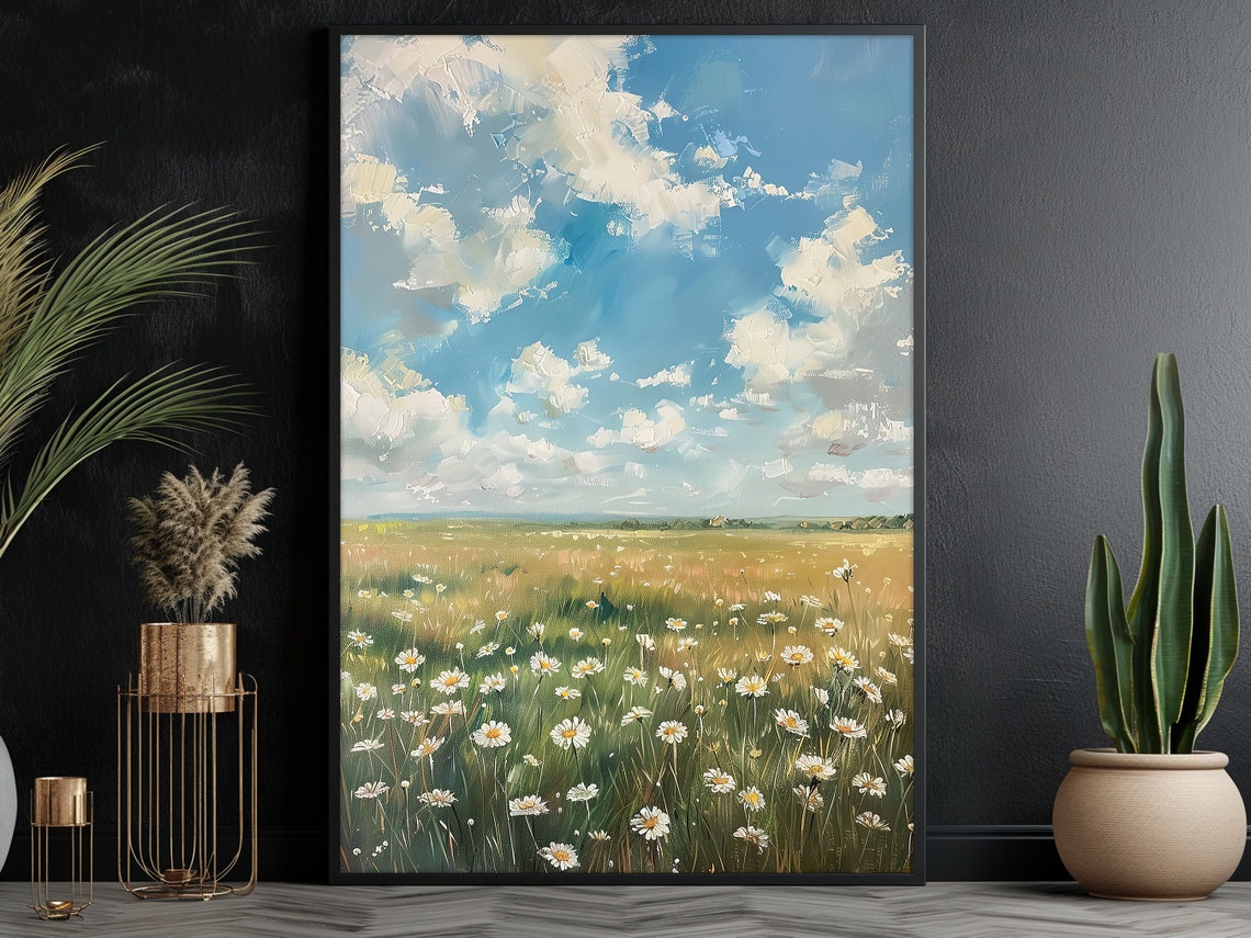Daisy Field Under Bright Blue Sky With Clouds Spring Meadow Art Poster - Image 3