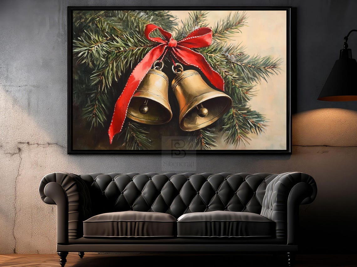 Brass Jingle Bells With Red Ribbon Bow Hanging In Snowy Pine Poster - Image 4